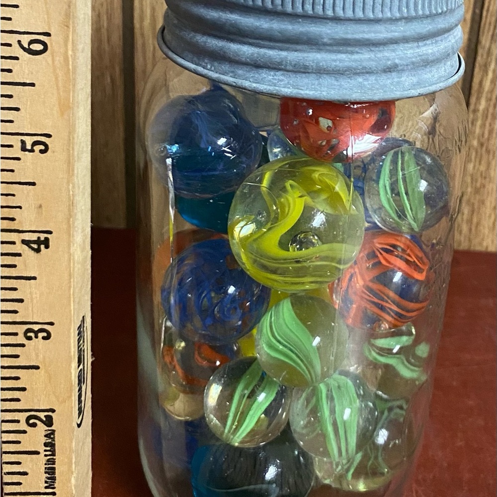 Vintage Colorful Glass Marbles in Jar